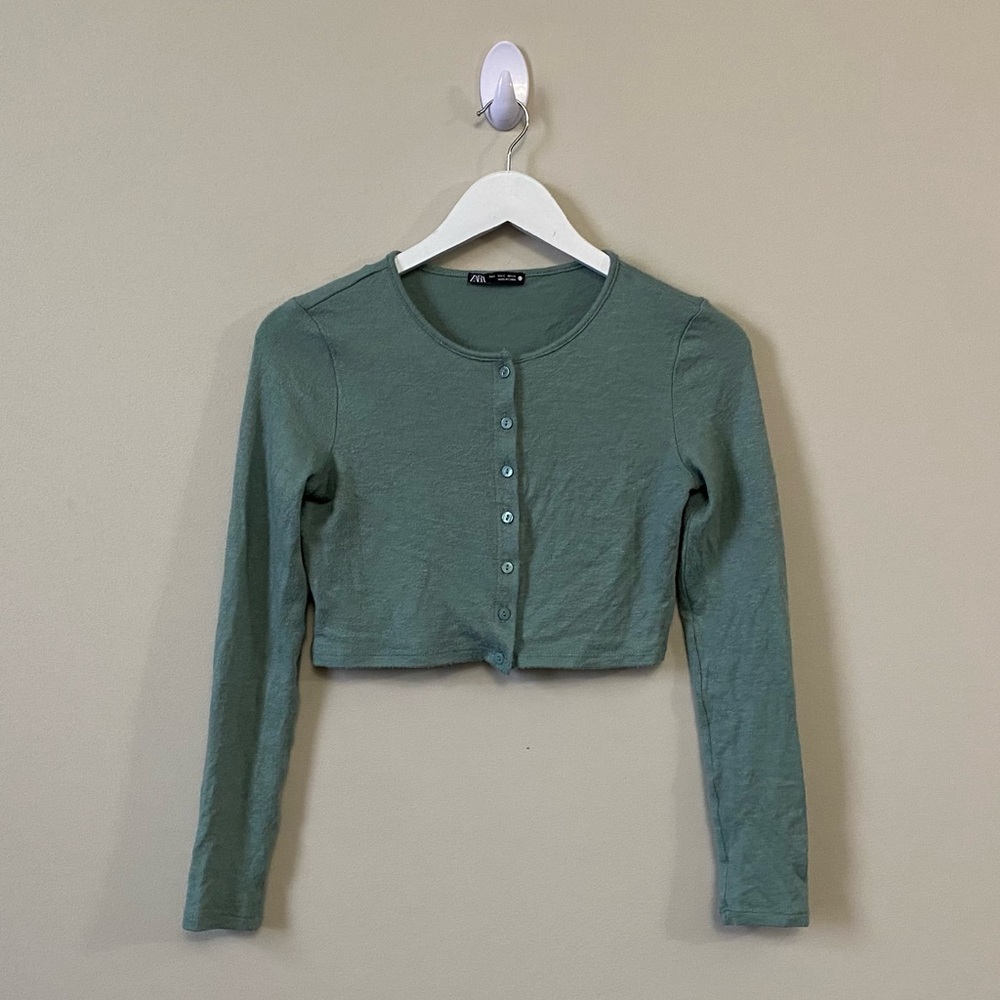 Zara Sage Green Cropped Button-Up Cardigan